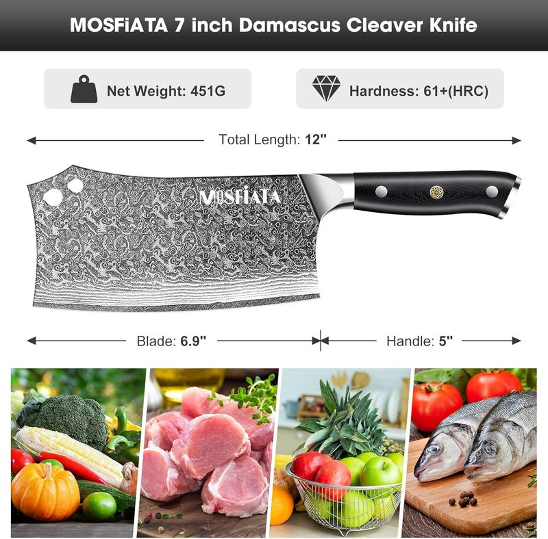 MOSFiATA Damascus 7” Cleaver Knife，Ultra Sharp Vegetable and Meat Butcher Knife with Finger Guard for Home Kitchen and Restaurant - Image 2
